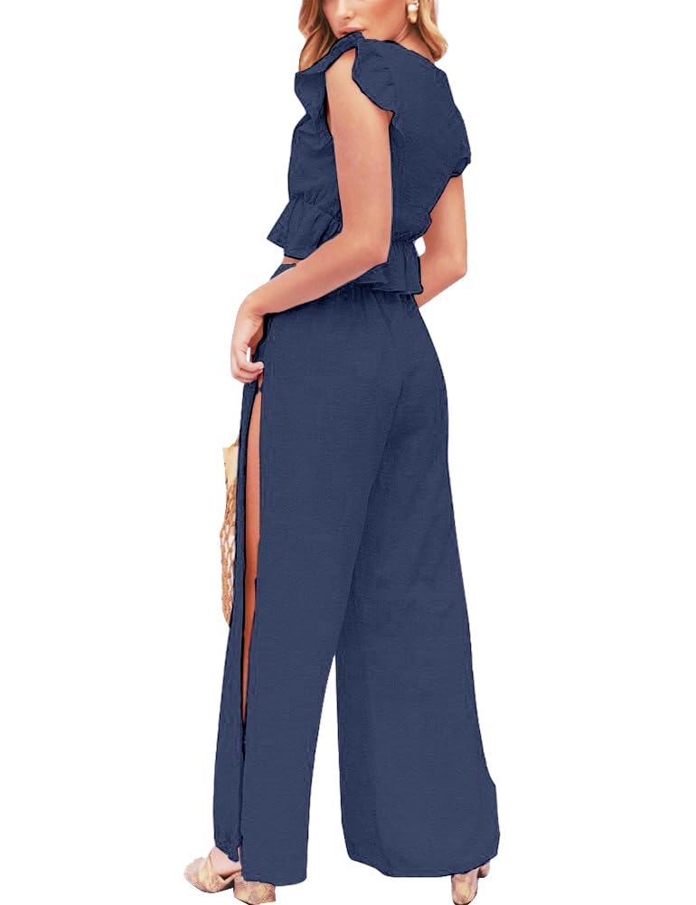 FANCYINN Womens 2 Pieces Outfits Deep V Neck Crop Top Side Slit Drawstring Wide Leg Pants Set Jumpsuits Navy Blue L - Image 3